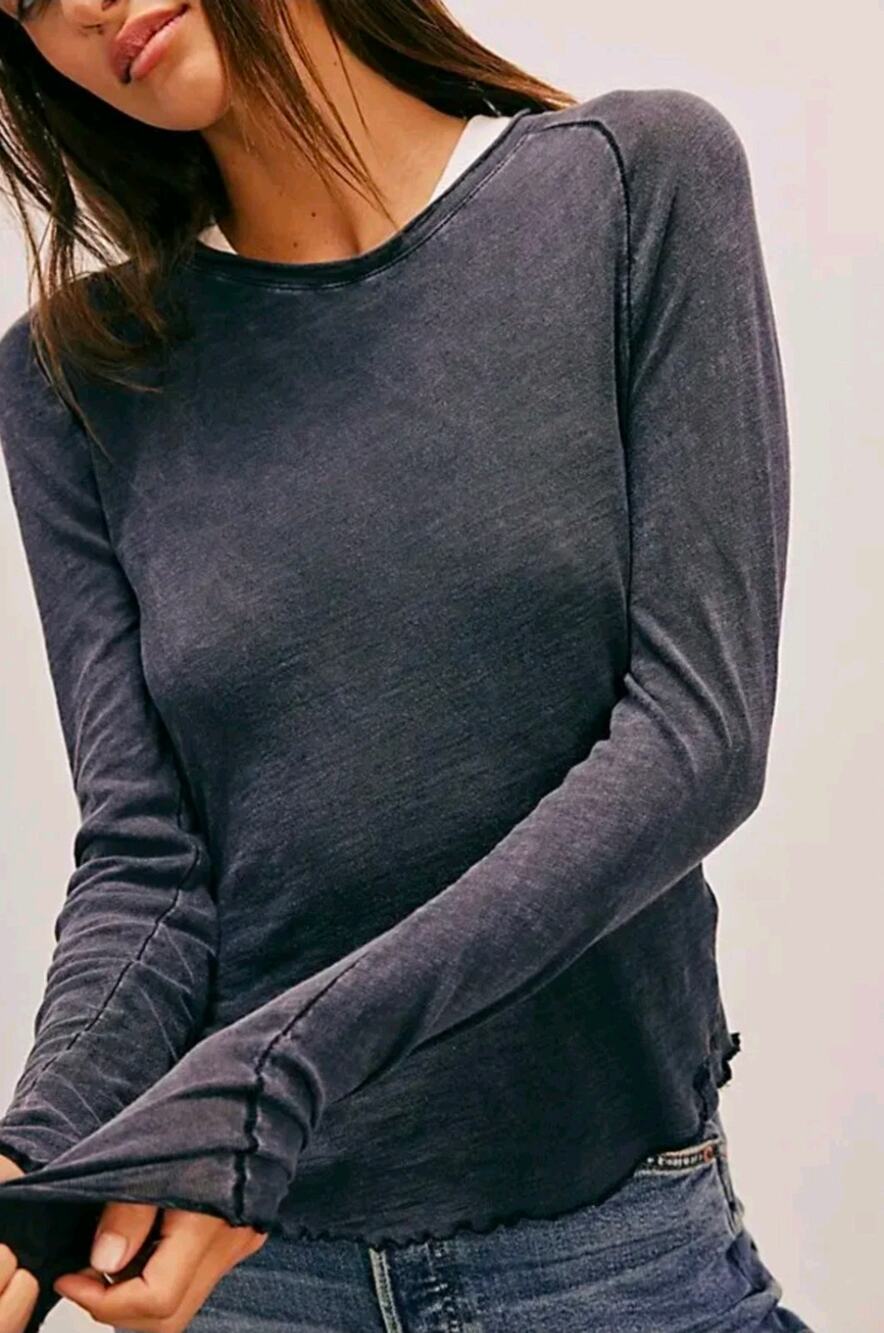 Free People Gray Long Sleeve Lettuce Hem Be My Baby Cotton Tee S Boho 4199